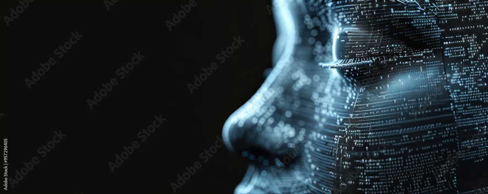 Poster close-up of a digital human face composed of glowing lines and circuits, representing artificial int