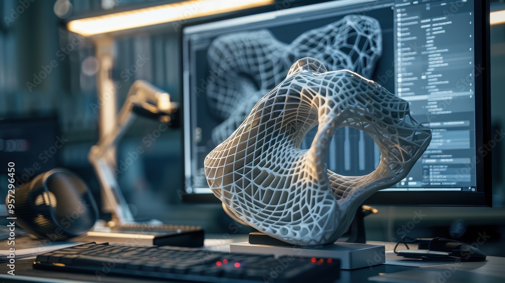 Poster 3d printer and computer showcasing a detailed geometric wireframe model on desk in modern workspace.
