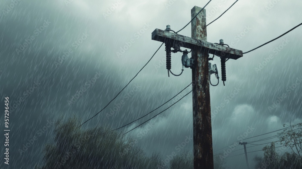 Poster a close-up of a weathered electric pole with visible wear and tear, set against a stormy sky, illust