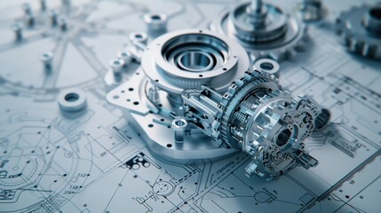 Close-up of metallic gear components on technical engineering blueprints, showcasing mechanical precision and industrial design.