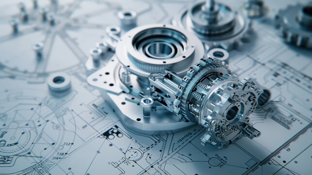 Close-up of metallic gear components on technical engineering blueprints, showcasing mechanical precision and industrial design.