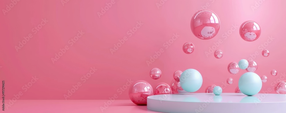 Poster abstract 3d render with pink and blue spheres on a pastel background, featuring floating bubbles and