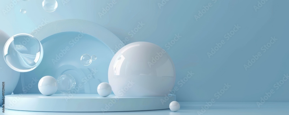 Poster minimalistic composition of white spheres and bubbles on soft blue background, creating an abstract 