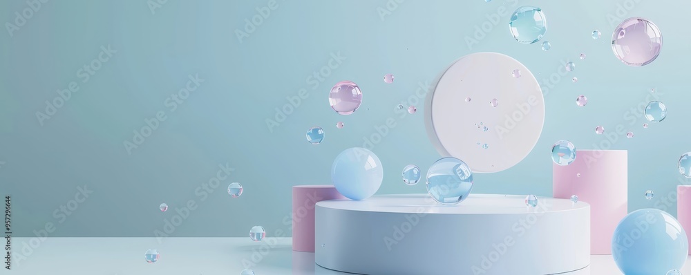 Poster minimalist abstract background with floating pastel shapes and geometric forms. soft colors and clea