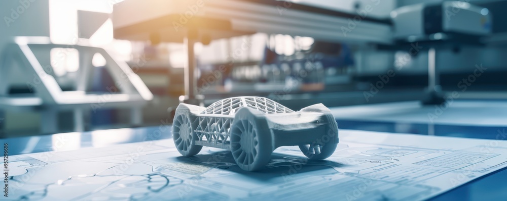 Aufkleber a futuristic 3d-printed car prototype on a table in a technologically advanced design studio, showca