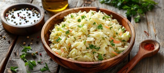 Bowl of Creamy Coleslaw, A Fresh Cabbage Salad Garnished with Parsley, on a Rustic Wooden Table.