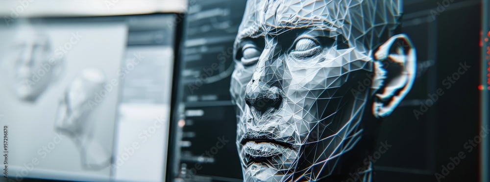 Aufkleber digital 3d rendering of a human face with intricate wireframe detailing and two screens in the backg