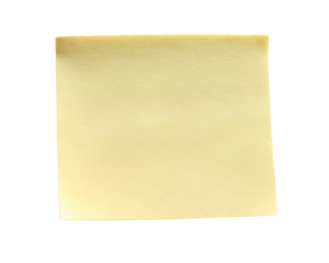 Yellow sticky note with a blank surface, ideal for writing reminders, messages, or short notes. The paper texture is smooth, making it easy to write on. Isolated on transparent background, png.