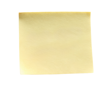 Yellow sticky note with a blank surface, ideal for writing reminders, messages, or short notes. The paper texture is smooth, making it easy to write on. Isolated on transparent background, png.