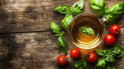 A cup of basil tea, with fresh basil leaves and a few cherry tomatoes arranged on a rustic wooden surface