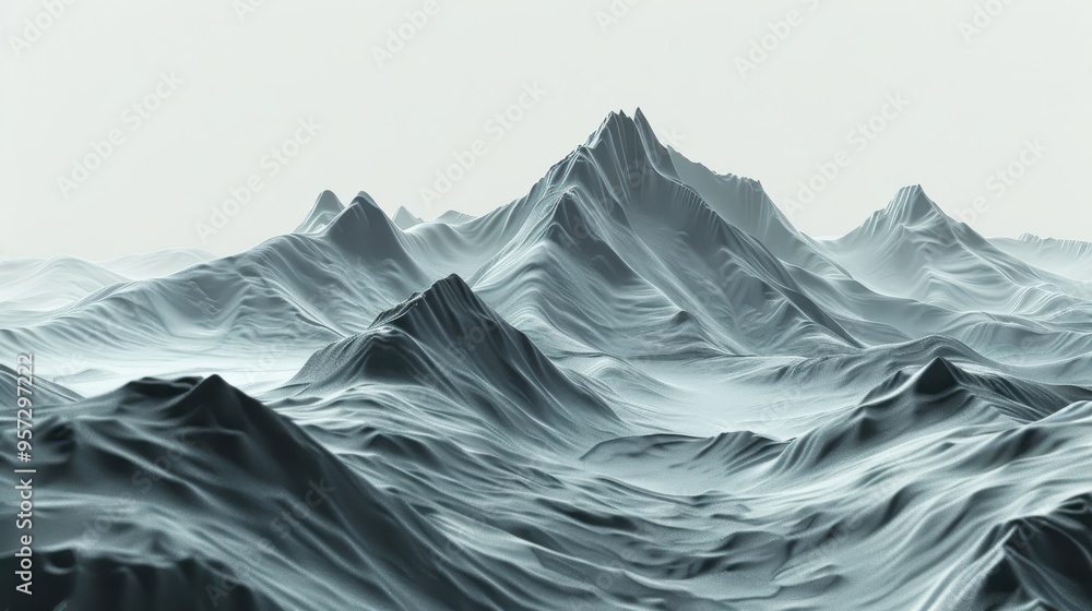Poster abstract 3d rendering of mountainous terrain in grayscale, capturing the essence of digital art and 