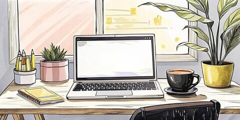 Fototapeta premium Cozy and modern freelancer workspace with an organized laptop displaying a blank screen. Freelancer workspace