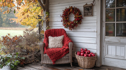An autumn wreath hanging on a white wall, with a cozy rocking chair and a basket of apples beneath it, creating a warm, inviting scene.