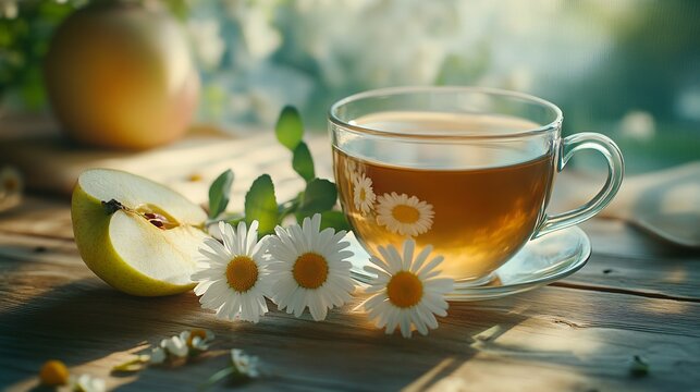 A cup of chamomile tea, with a few fresh daisies and a slice of apple beside the cup on a wooden table