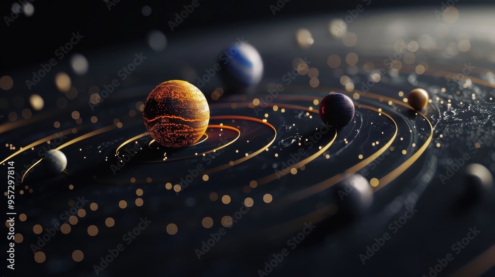 Poster artistic rendering of the solar system with detailed planetary surfaces and glowing orbital paths on