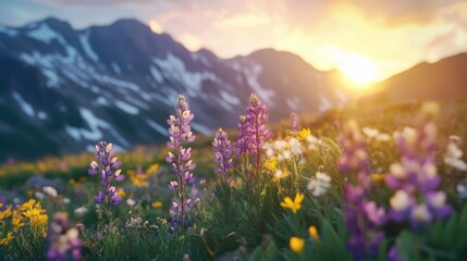 A close-up of mountain wildflowers in the foreground with the sun rising behind the peaks, highlighting the contrast between the delicate flowers and the expansive, dramatic landscape.
