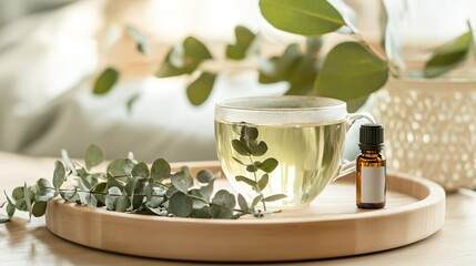 A cup of eucalyptus tea, with eucalyptus leaves and a small bottle of essential oil on a light wooden tray