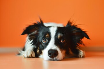 Fototapeta premium Dog Laying. Border Collie Relaxing Indoors with Orange Colour Scheme