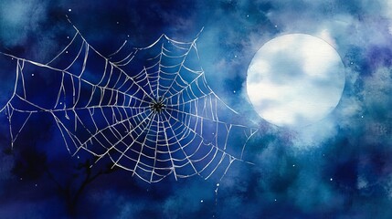 Spider web, delicate strands, caught in moonlight, Watercolor style
