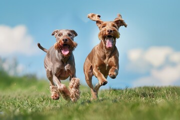 Dogs Running. Two Happy Airedale and Weimaraner Dogs Playing Under Blue Sky