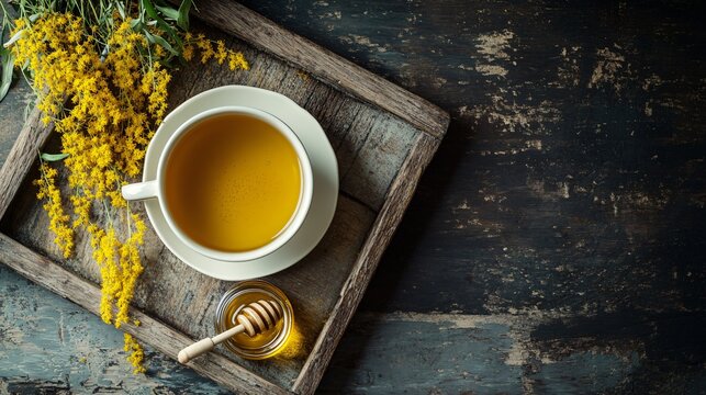 A cup of goldenrod tea, with goldenrod flowers and a small jar of honey placed on a rustic wooden tray