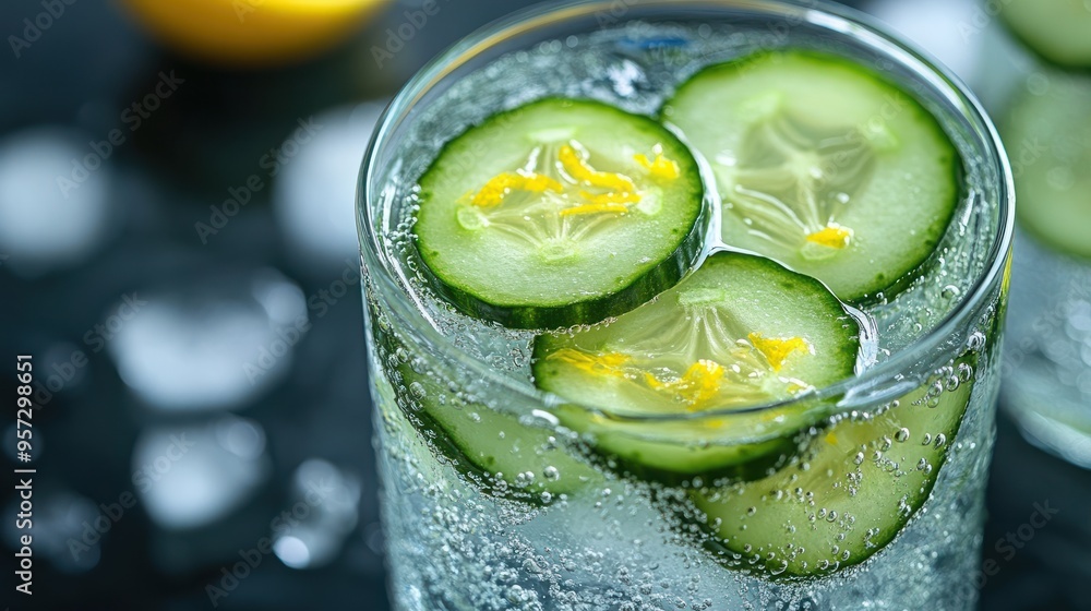 Aufkleber a refreshing iced cucumber water with slices of cucumber and lemon