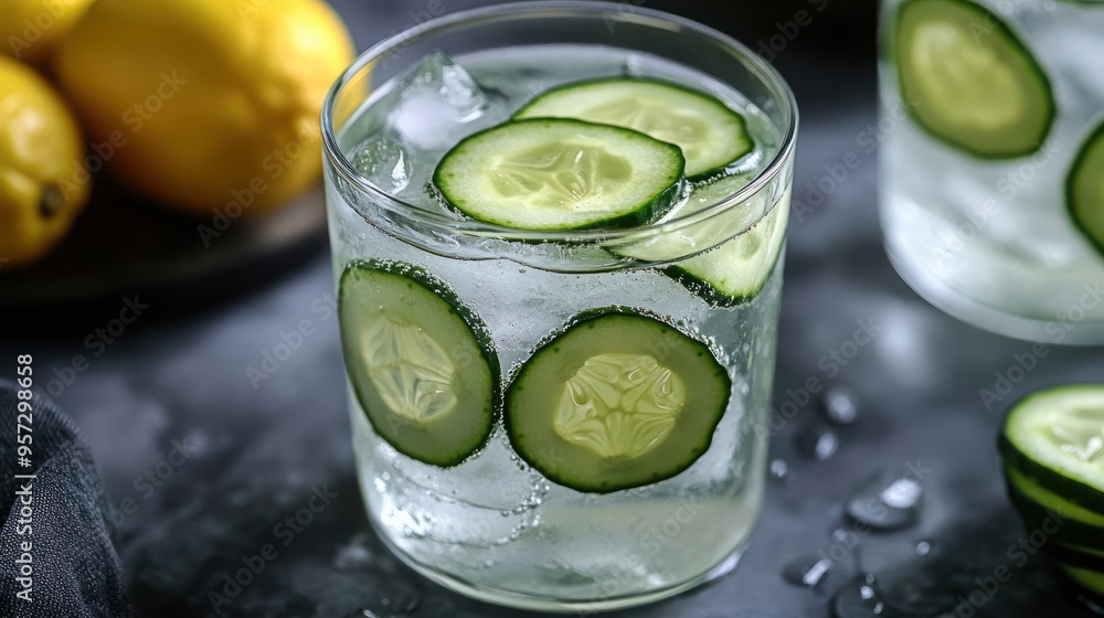 Aufkleber a refreshing iced cucumber water with slices of cucumber and lemon
