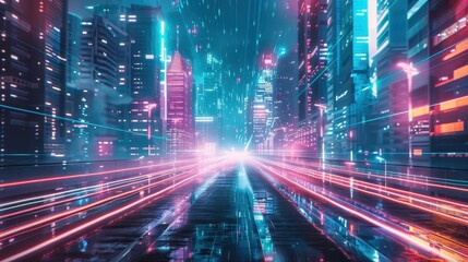Naklejka premium Futuristic cityscape with neon lights, digital grid, and glowing skyscrapers at nighttime. Perfect for technology, cyberpunk, and sci-fi themes.