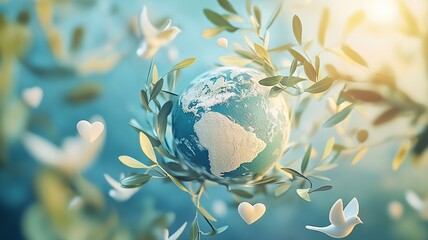 A serene design celebrating World Peace Day, featuring symbols of peace such as doves, olive branches, and a globe, evoking unity and harmony