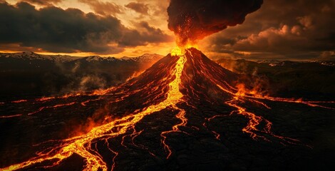 Dramatic scene of a volcano spewing lava and smoke, with a glowing lava river carving through the blackened earth, highlighting the intensity of natural forces
