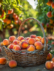 Basket of ripe peaches in a sunny orchard.