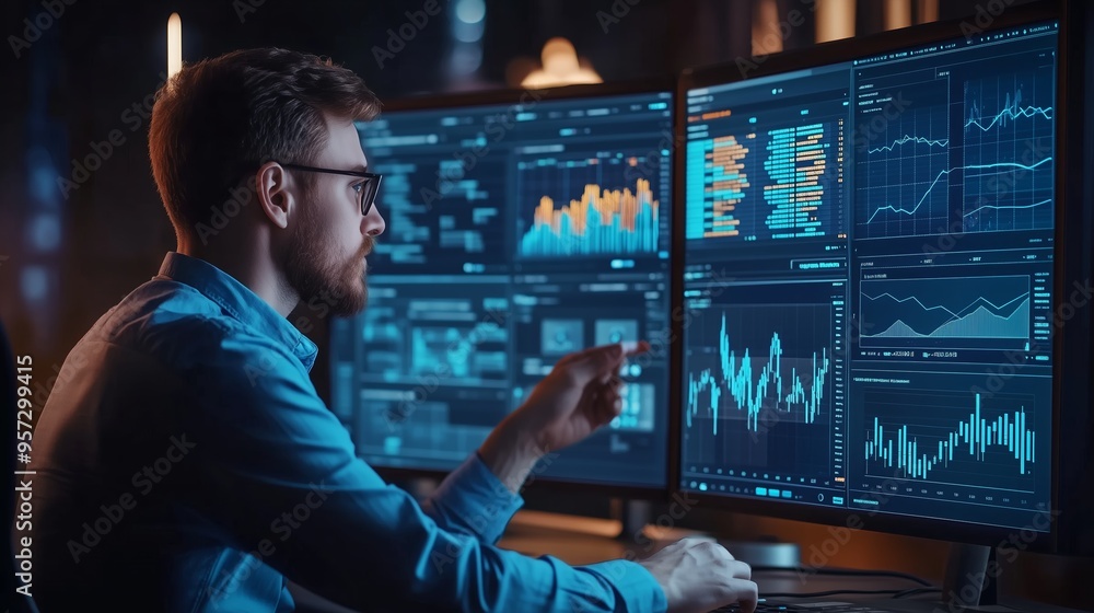 Poster data analyst examining multiple graphs and charts in a modern office during evening hours