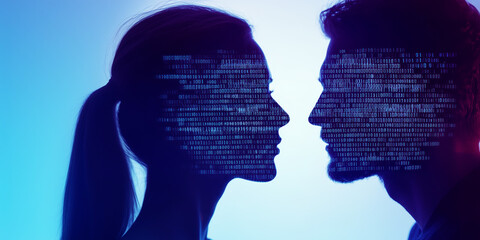 Silhouettes of man and woman with binary code, concept of online dating, copyspace