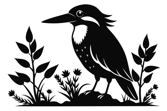 recommend clip art: black kingfisher silhouette  on plant white background D.eps