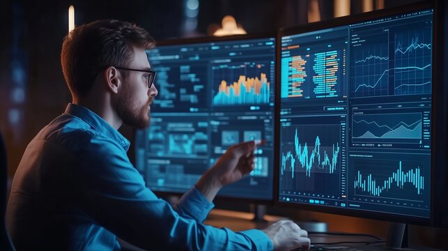 Data analyst examining multiple graphs and charts in a modern office during evening hours