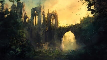 Towering gothic ruins, overrun with nature, twilight sky, Watercolor style