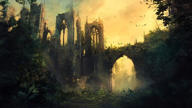 Towering gothic ruins, overrun with nature, twilight sky, Watercolor style