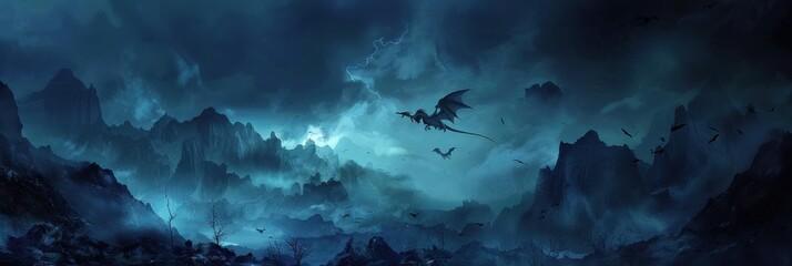 Dragon Flies: Black Dragon Soars Through Night Sky Over Mountains. Artistic Panoramic Scene