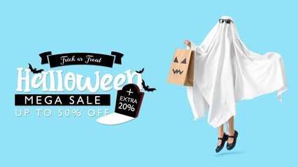Banner for Halloween sale with child dressed as ghost holding shopping bag