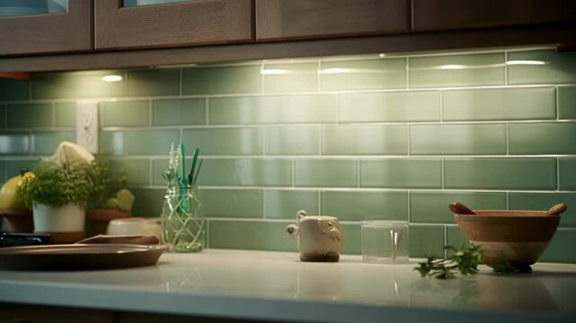 Clean and organized kitchen countertop is illuminated by under cabinet lights, creating a warm and inviting atmosphere