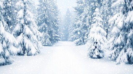 Fototapeta premium A serene winter wonderland adorned with tall snow-laden trees and a soft, powdery path winding through the enchanting forest