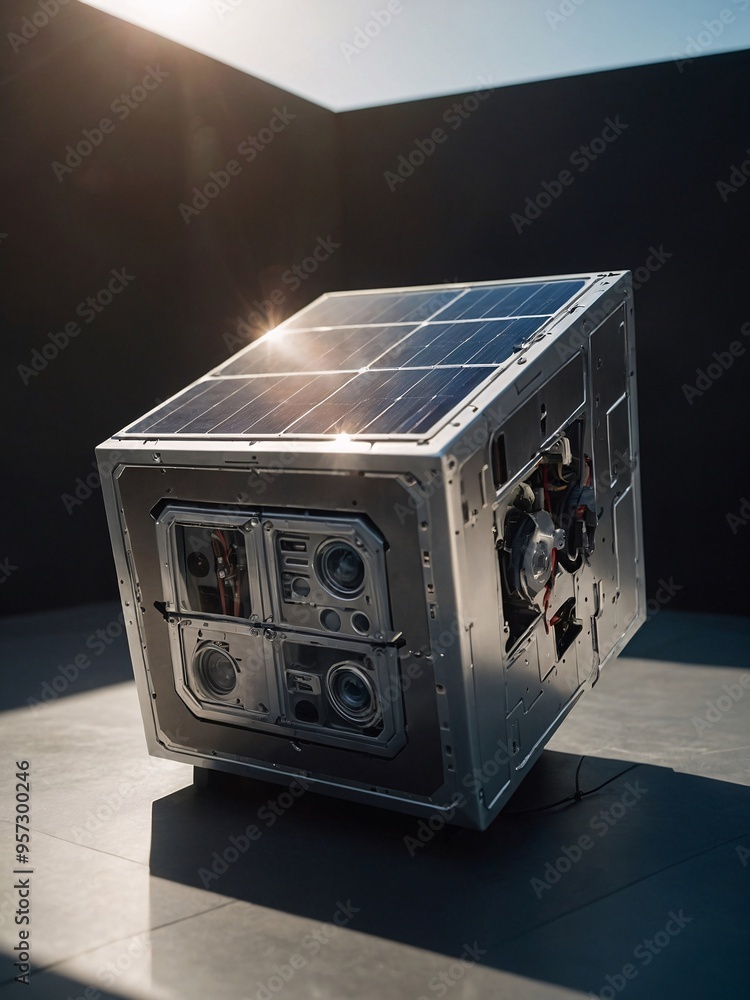 Poster solar-powered robot in a futuristic cube.