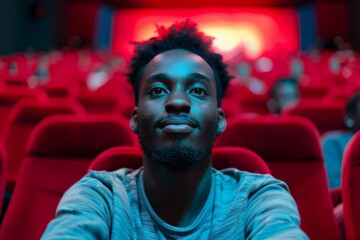 Young black man watching movie in cinema