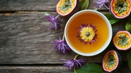 Fototapeta premium A cup of passionflower tea, with passionfruit halves and fresh passionflower petals artfully arranged on a wooden table