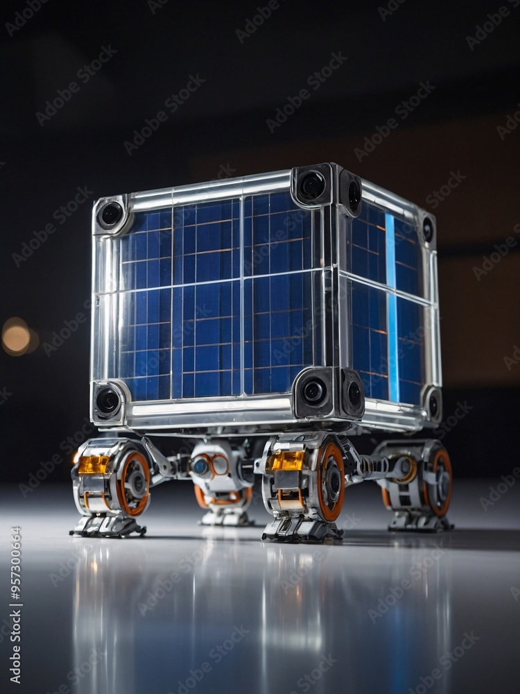 Poster solar-powered robot in a futuristic cube.