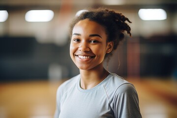 Fototapeta premium Portrait of a smiling teenage female African American basketball player
