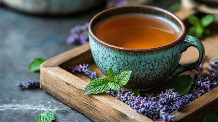 A cup of peppermint lavender tea, with sprigs of fresh mint and dried lavender flowers scattered on...