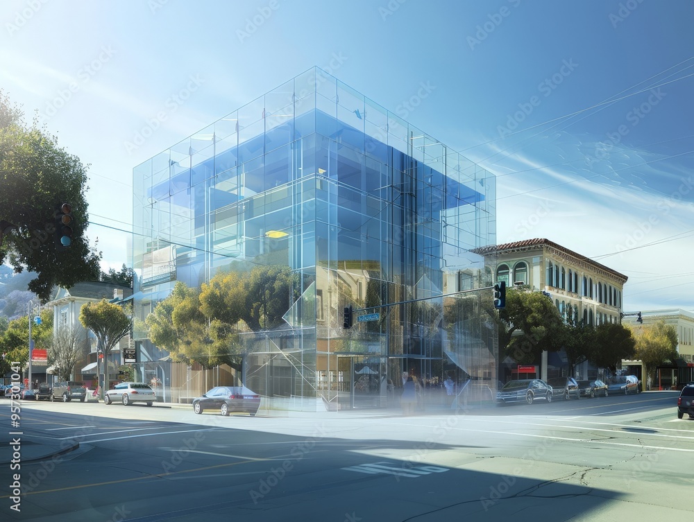 Poster exterior rendering of a moder office building project