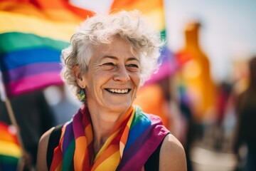 Portrait of a smiling senior woman at pride parade