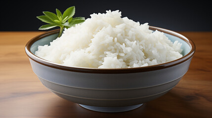 Boiled Rice in Blue Bowl on Wooden Table
